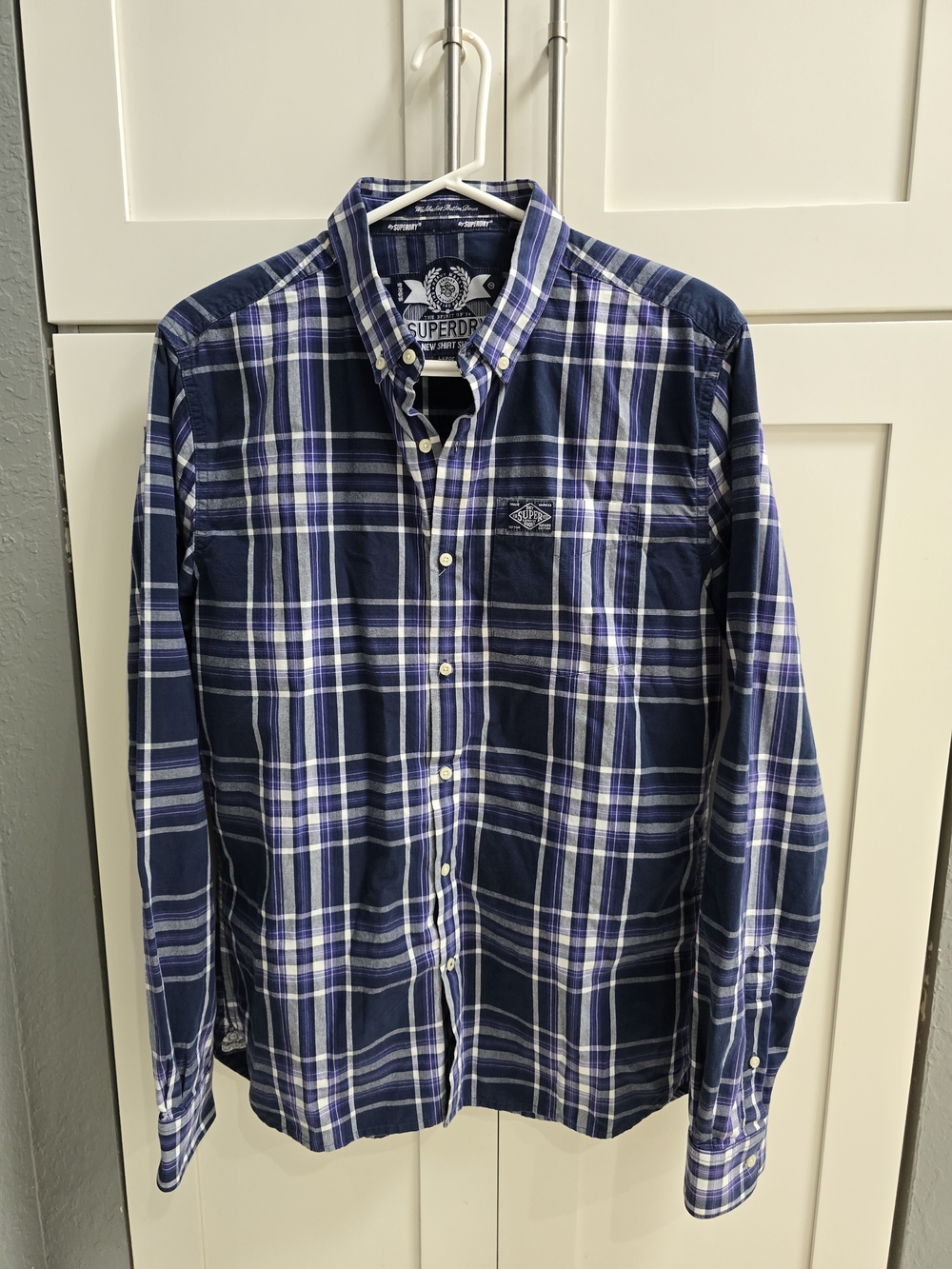 Superdry Washbasket Button-Up Shirt Men’s Size Large Blue Purple White Plaid